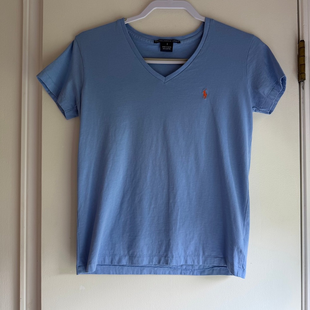 Ralph Lauren Sport Womens V-Neck T-Shirt Light Blue Cotton Pony Logo Small